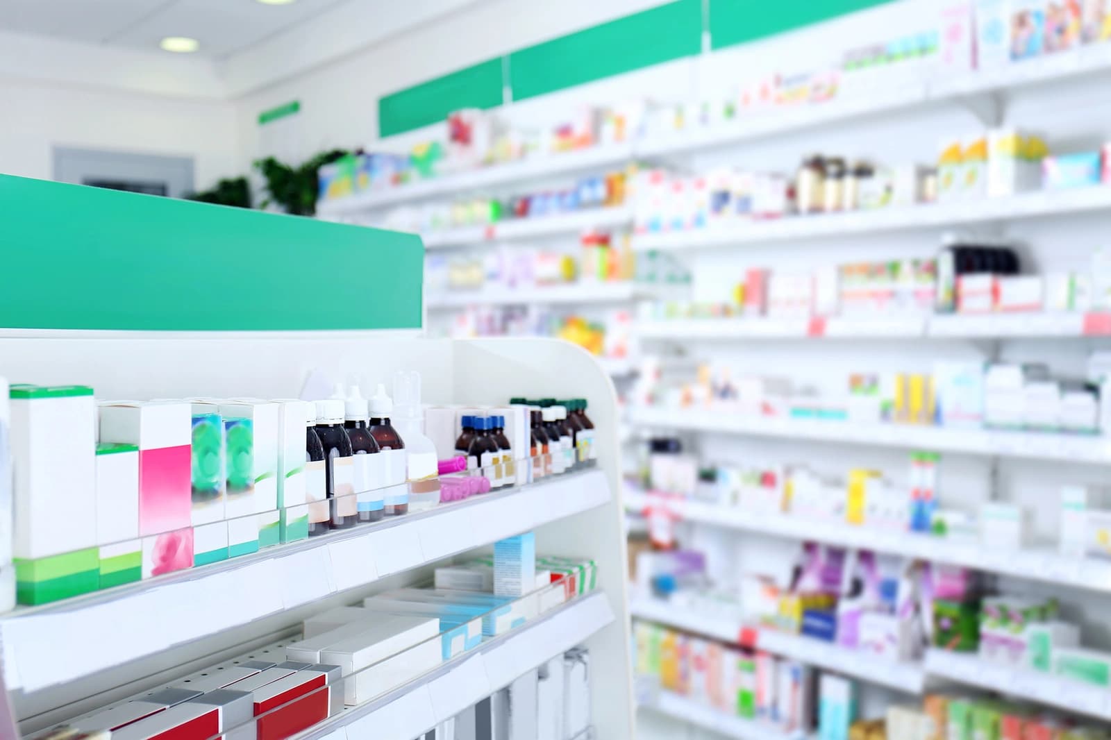 Pharmacy interior showing modern shelves and bright environment
